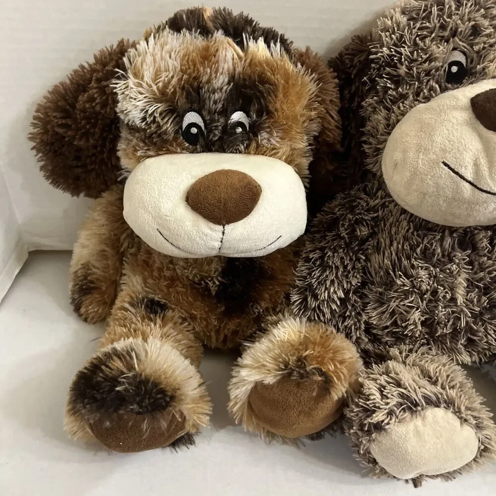 2 Pacific Fluffy Puppy Dog Plush Squeakers Embroidered Eyes Floppy 17” Brown